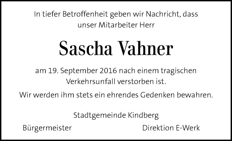  Traueranzeige für Sascha Vahner vom 24.09.2016 aus Kleine Zeitung
