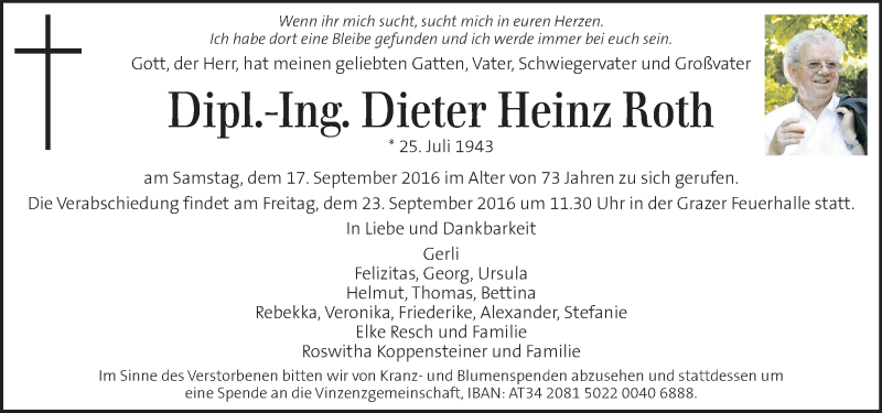  Traueranzeige für Dieter Heinz Roth vom 21.09.2016 aus Kleine Zeitung