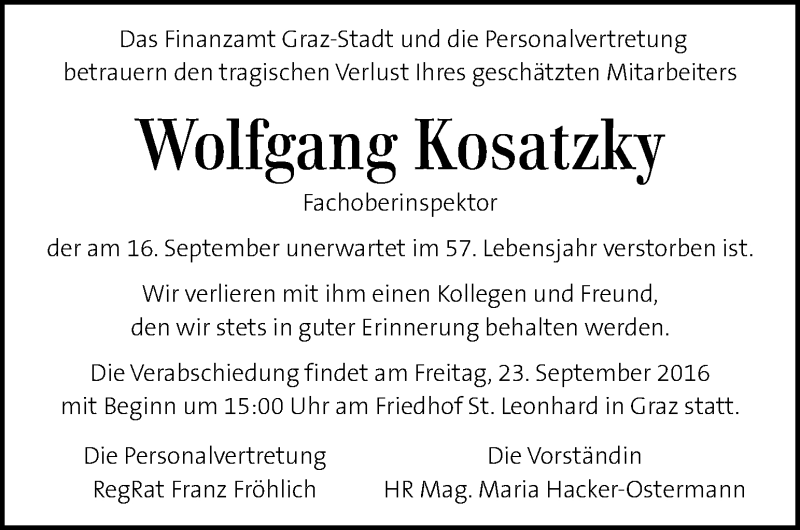  Traueranzeige für Wolfgang Kosatzky vom 21.09.2016 aus Kleine Zeitung