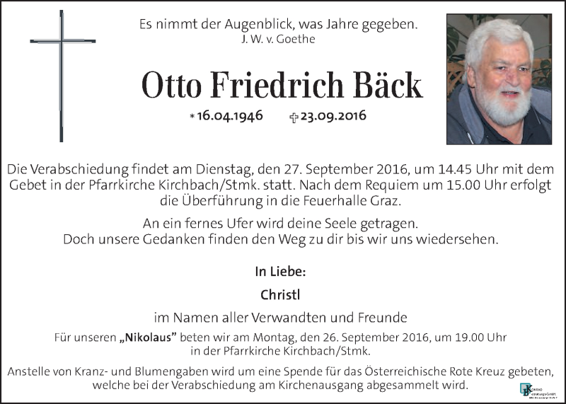  Traueranzeige für Otto Friedrich Bäck vom 25.09.2016 aus Kleine Zeitung