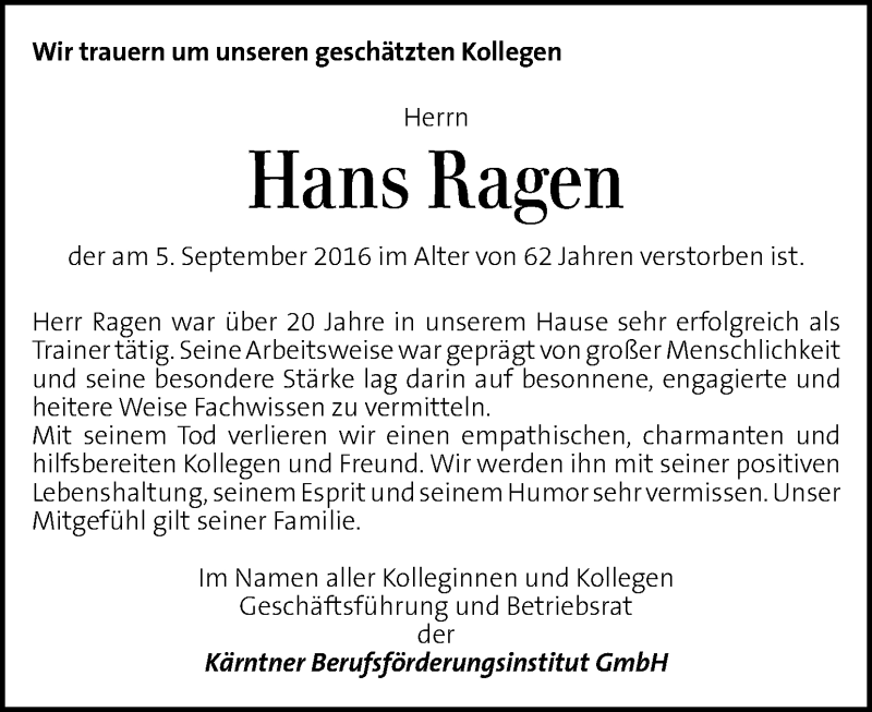  Traueranzeige für Hans Ragen vom 15.09.2016 aus Kleine Zeitung