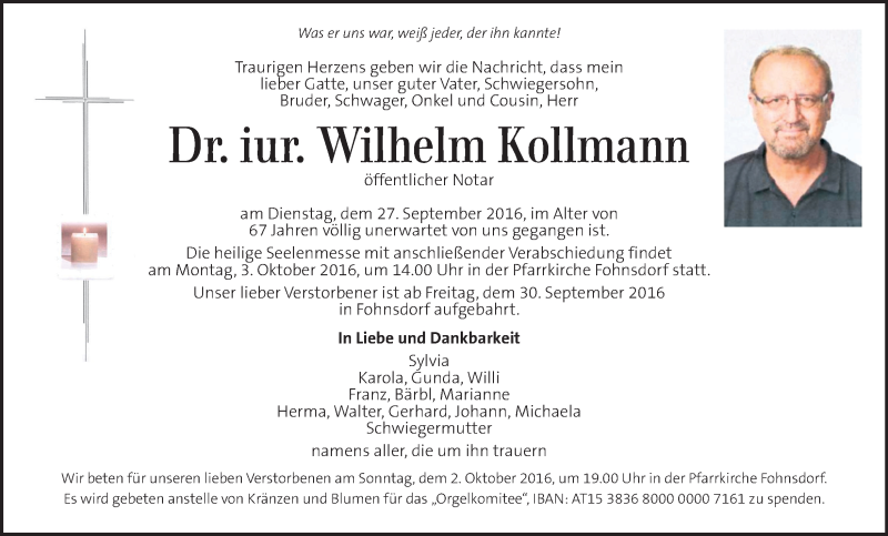  Traueranzeige für Wilhelm Kollmann vom 01.10.2016 aus Kleine Zeitung