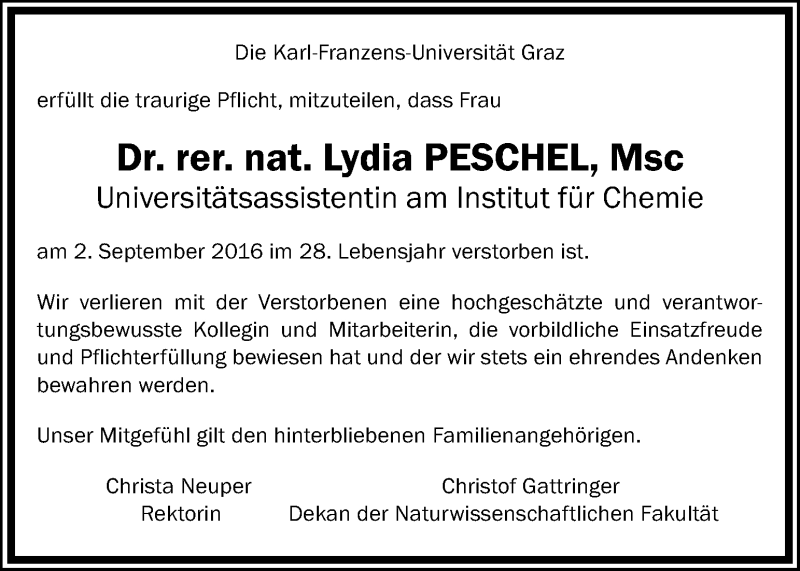  Traueranzeige für Lydia Peschel vom 14.09.2016 aus Kleine Zeitung