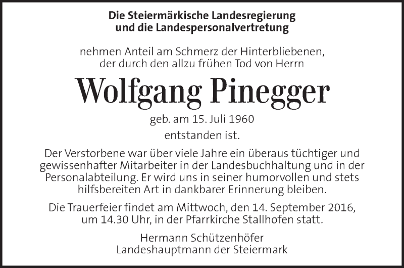  Traueranzeige für Wolfgang Pinegger  vom 13.09.2016 aus Kleine Zeitung