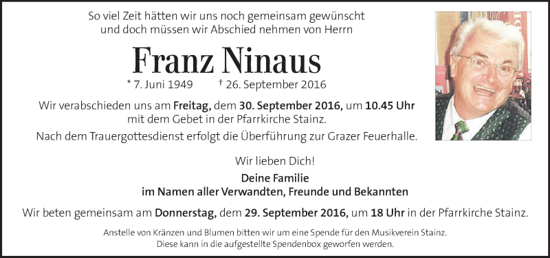  Traueranzeige für Franz Ninaus vom 28.09.2016 aus Kleine Zeitung
