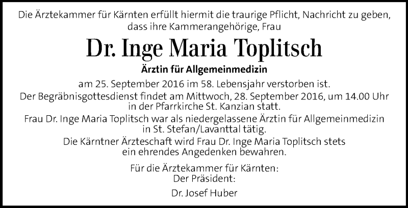  Traueranzeige für Inge Maria Toplitsch  vom 28.09.2016 aus Kleine Zeitung