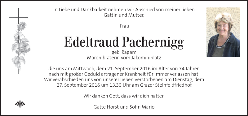  Traueranzeige für Edeltraud Pachernigg vom 23.09.2016 aus Kleine Zeitung