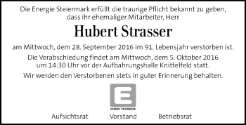 Traueranzeige von Hubert Strasser von Kleine Zeitung