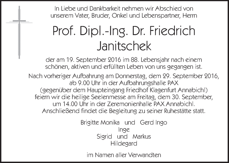  Traueranzeige für Friedrich Janitschek vom 25.09.2016 aus Kleine Zeitung