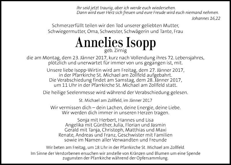  Traueranzeige für Annelies Isopp vom 27.01.2017 aus Kleine Zeitung