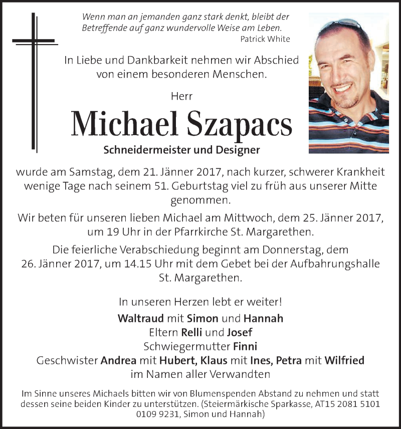  Traueranzeige für Michael Szapacs vom 25.01.2017 aus Kleine Zeitung