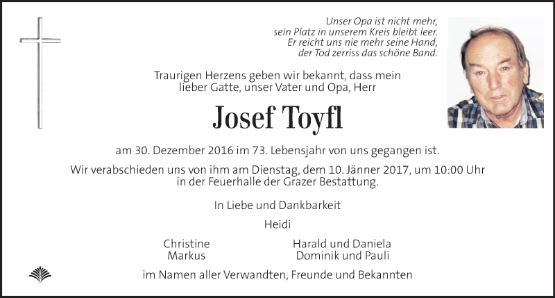  Traueranzeige für Josef Toyfl vom 05.01.2017 aus Kleine Zeitung