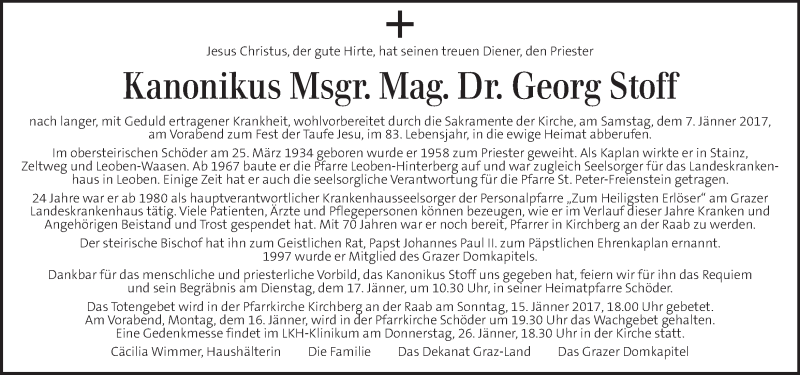  Traueranzeige für Georg Stoff vom 11.01.2017 aus Kleine Zeitung