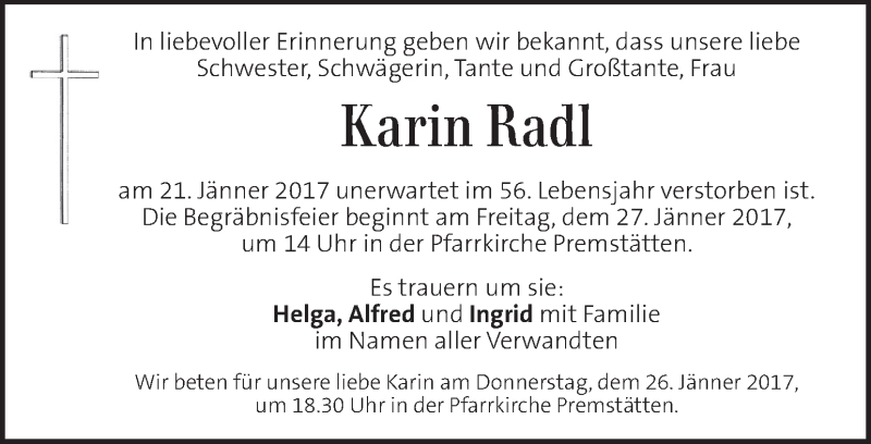  Traueranzeige für Karin Radl vom 25.01.2017 aus Kleine Zeitung