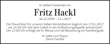 Traueranzeige von Fritz Hackl  von Kleine Zeitung