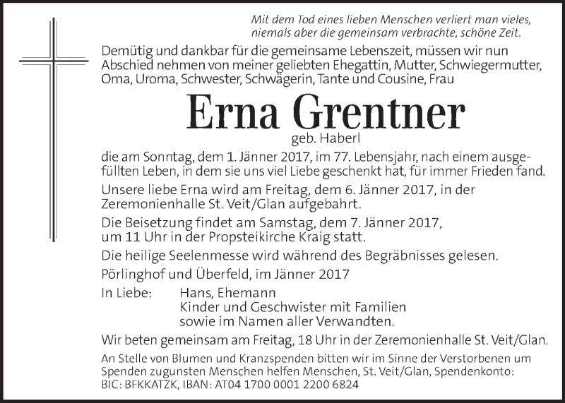  Traueranzeige für Erna Grentner vom 05.01.2017 aus Kleine Zeitung