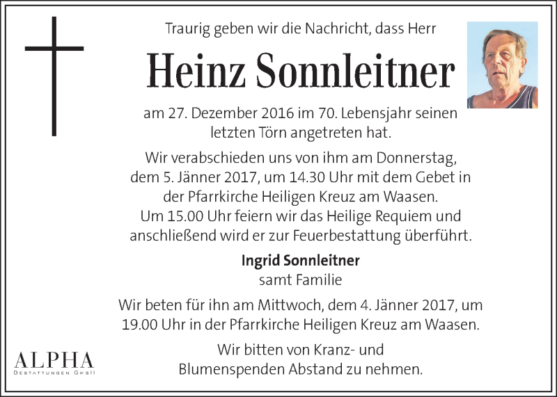  Traueranzeige für Heinz Sonnleitner vom 03.01.2017 aus Kleine Zeitung