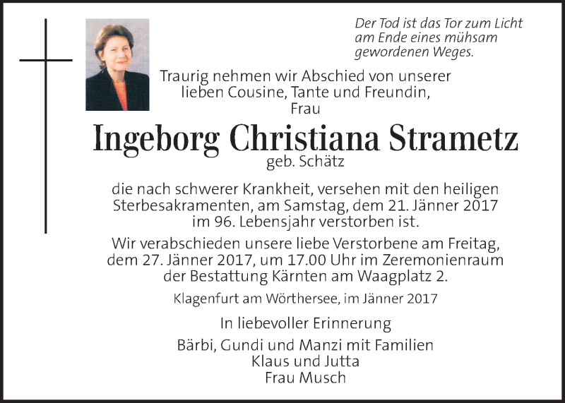  Traueranzeige für Ingeborg Christina Strametz vom 25.01.2017 aus Kleine Zeitung