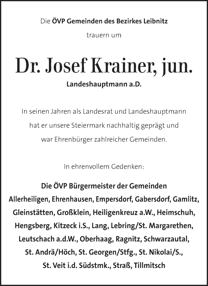  Traueranzeige für Josef Krainer vom 04.01.2017 aus Kleine Zeitung