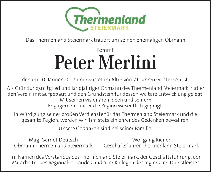  Traueranzeige für Peter Merlini vom 13.01.2017 aus Kleine Zeitung