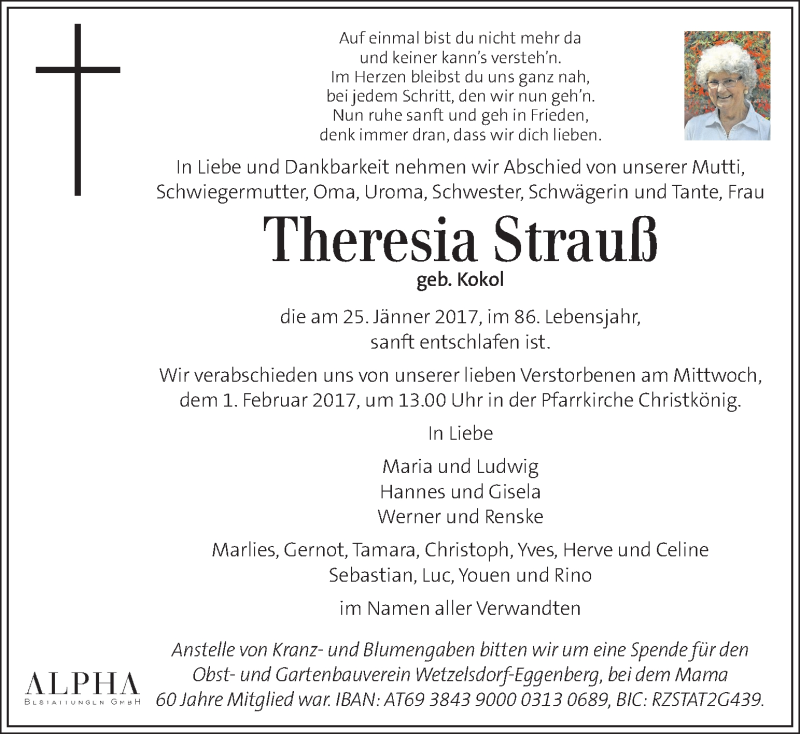  Traueranzeige für Theresia Strauß vom 29.01.2017 aus Kleine Zeitung