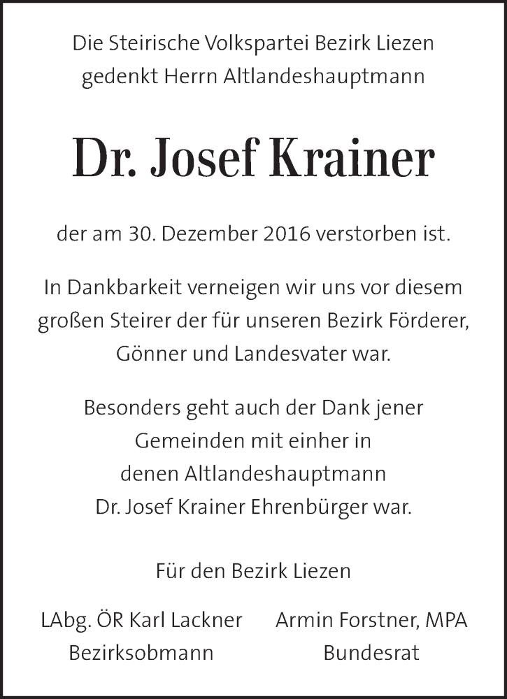 Traueranzeige für Josef Krainer vom 04.01.2017 aus Kleine Zeitung