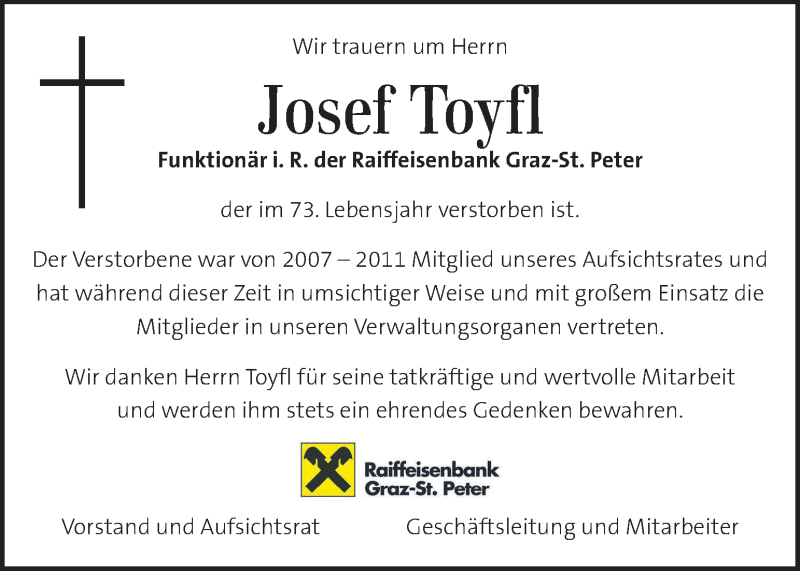  Traueranzeige für Josef Toyfl vom 05.01.2017 aus Kleine Zeitung