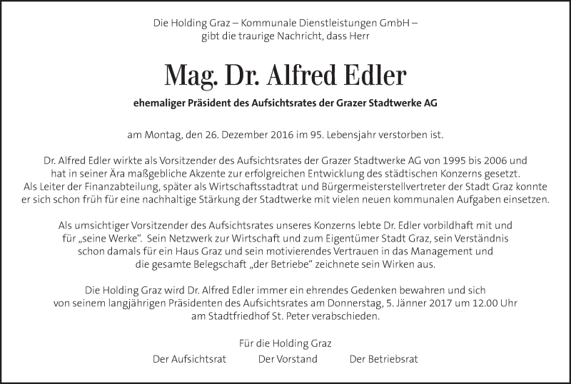  Traueranzeige für Alfred Edler vom 03.01.2017 aus Kleine Zeitung