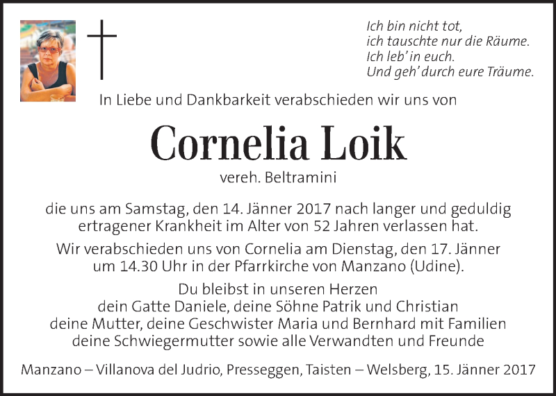  Traueranzeige für Cornelia Loik vom 17.01.2017 aus Kleine Zeitung