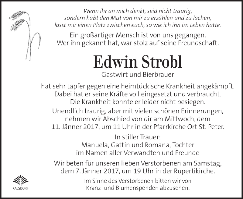  Traueranzeige für Edwin Strobl vom 06.01.2017 aus Kleine Zeitung
