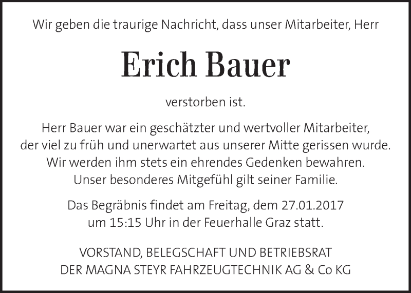  Traueranzeige für Erich Bauer vom 26.01.2017 aus Kleine Zeitung