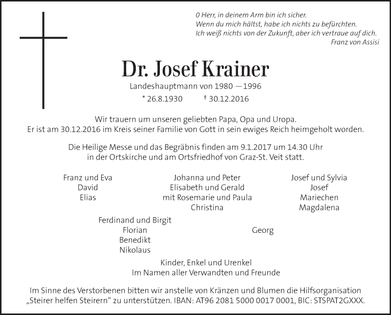 Traueranzeige für Josef Krainer vom 03.01.2017 aus Kleine Zeitung