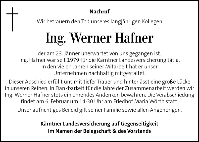  Traueranzeige für Werner Hafner vom 01.02.2017 aus Kleine Zeitung