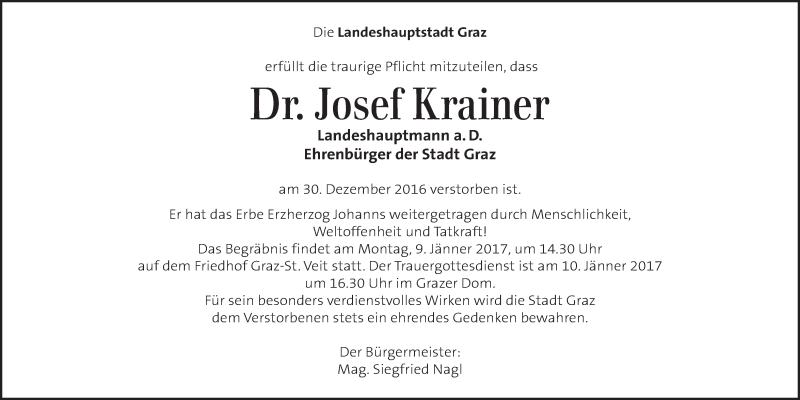  Traueranzeige für Josef Krainer vom 04.01.2017 aus Kleine Zeitung
