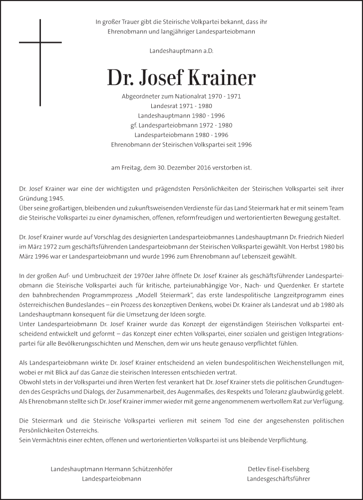  Traueranzeige für Josef Krainer vom 03.01.2017 aus Kleine Zeitung