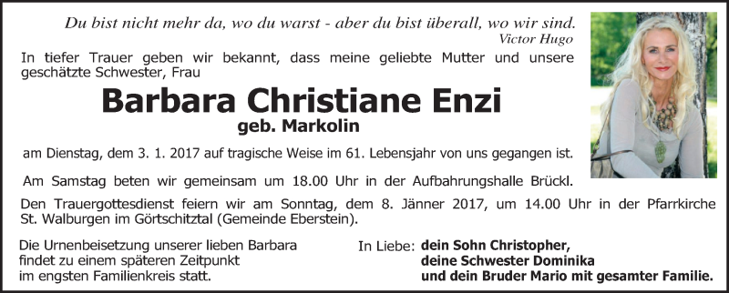  Traueranzeige für Barbara Christiane Enzi vom 06.01.2017 aus Kleine Zeitung