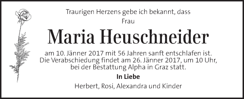  Traueranzeige für Maria Heuschneider vom 22.01.2017 aus Kleine Zeitung