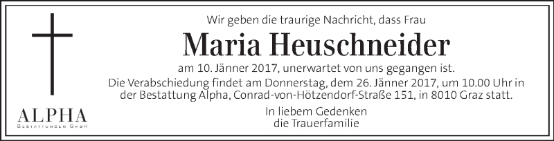  Traueranzeige für Maria Heuschneider vom 22.01.2017 aus Kleine Zeitung