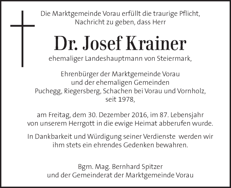  Traueranzeige für Josef Krainer vom 04.01.2017 aus Kleine Zeitung