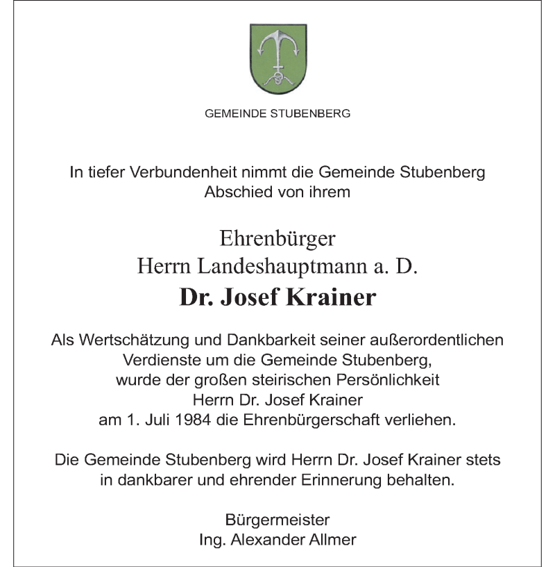  Traueranzeige für Josef Krainer vom 04.01.2017 aus Kleine Zeitung