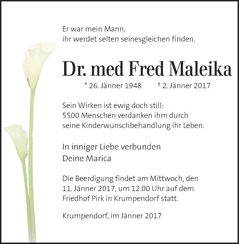  Traueranzeige für Fred Maleika vom 08.01.2017 aus Kleine Zeitung