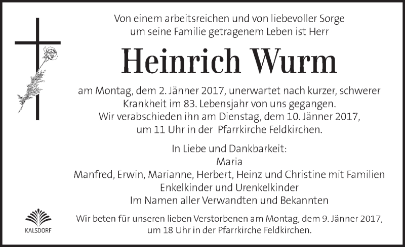  Traueranzeige für Heinrich Wurm vom 08.01.2017 aus Kleine Zeitung