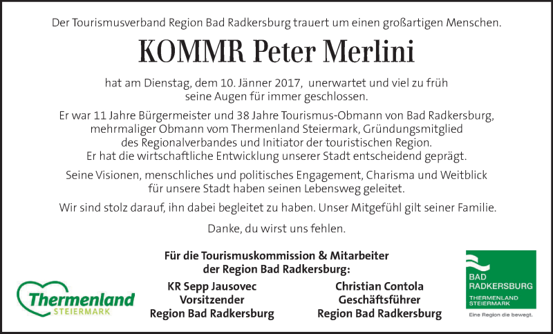  Traueranzeige für Peter Merlini vom 13.01.2017 aus Kleine Zeitung