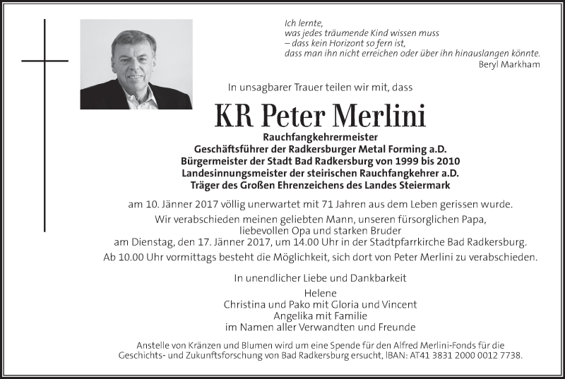  Traueranzeige für Peter Merlini vom 14.01.2017 aus Kleine Zeitung