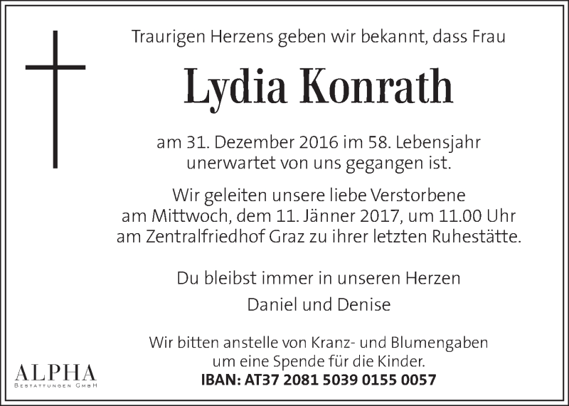  Traueranzeige für Lydia Konrath vom 07.01.2017 aus Kleine Zeitung