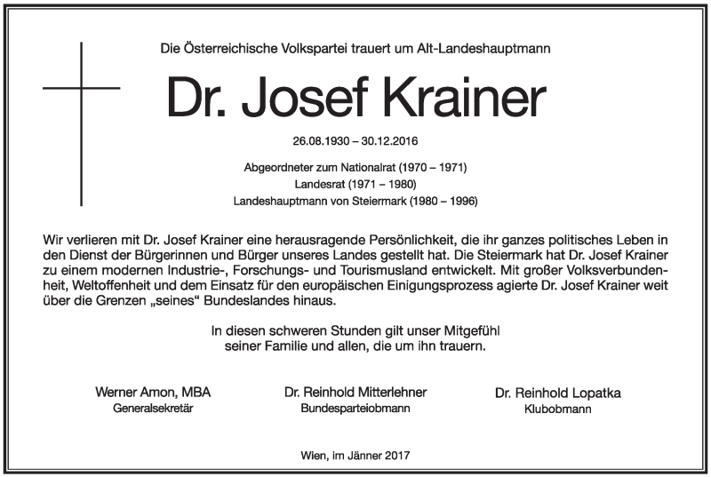  Traueranzeige für Josef Krainer vom 04.01.2017 aus Kleine Zeitung