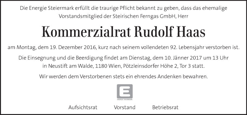  Traueranzeige für Rudolf Haas vom 08.01.2017 aus Kleine Zeitung