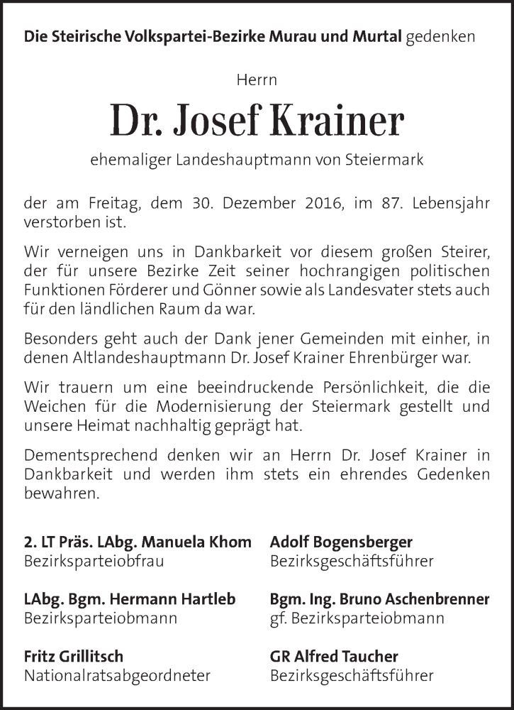  Traueranzeige für Josef Krainer vom 04.01.2017 aus Kleine Zeitung