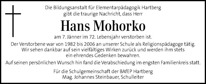  Traueranzeige für Hans Mohorko vom 19.01.2017 aus Kleine Zeitung