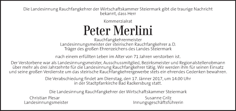  Traueranzeige für Peter Merlini vom 14.01.2017 aus Kleine Zeitung